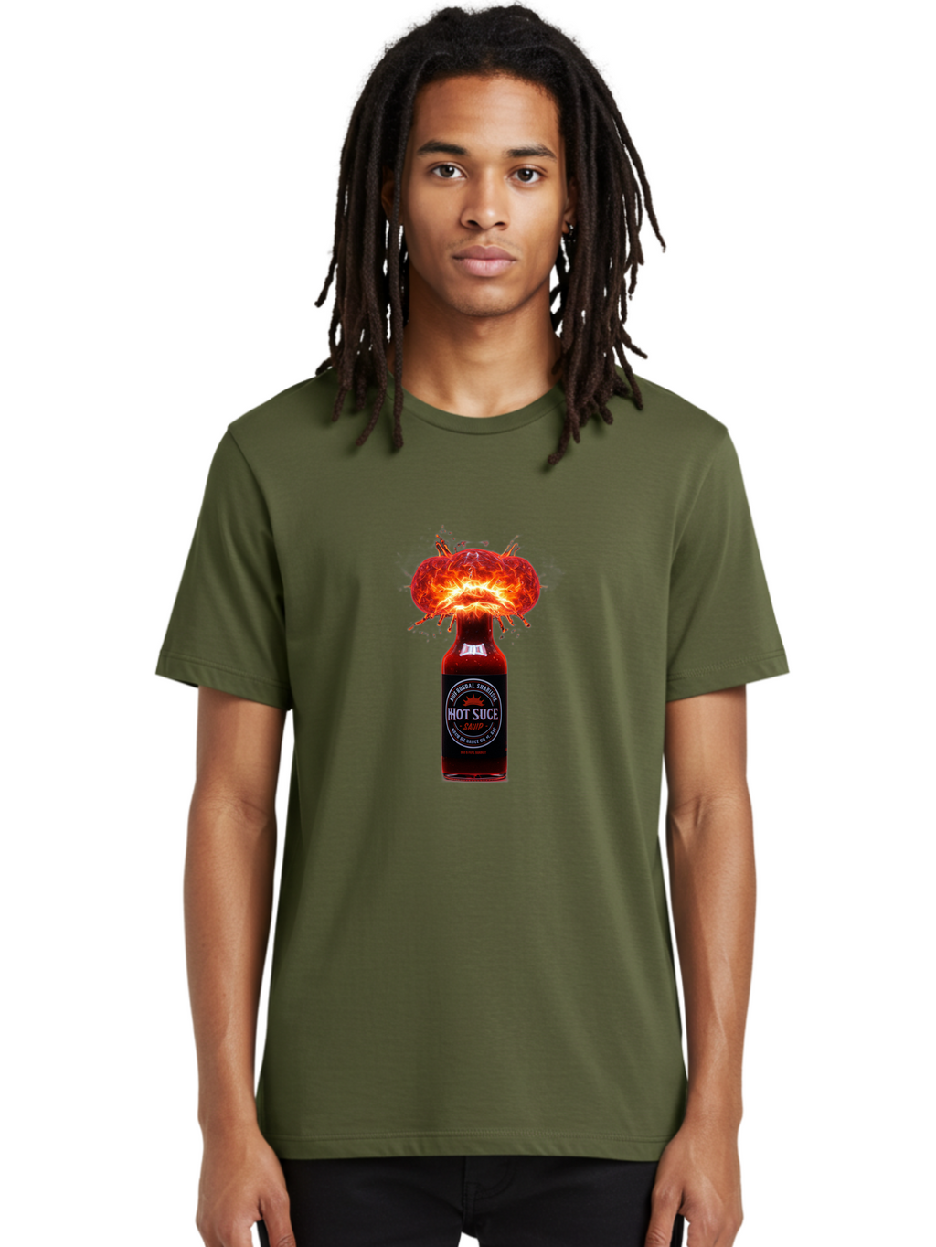 Hot-Suce-Sauce Men'S Graphic Tee, 100% Cotton, Comfortable Casual Summer Wear, Machine Washable, Hot Sauce Bottle, Exploding Sauce, Spicy Condiment, Chili Peppers, Fiery Flavor, Explosive Energy, Hot Sauce Enthusiast, Flavorful Kick, Baa837