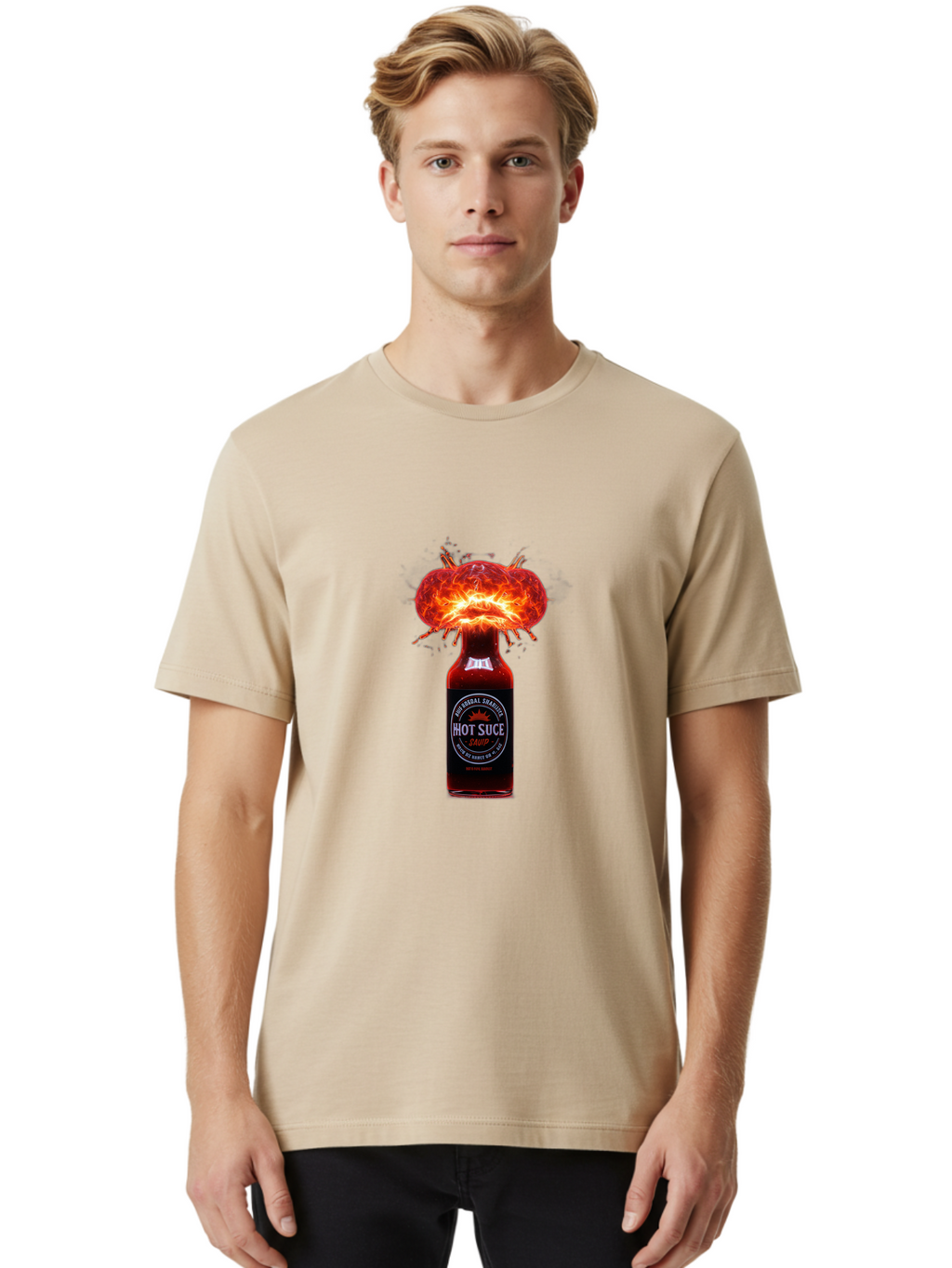 Hot-Suce-Sauce Men'S Graphic Tee, 100% Cotton, Comfortable Casual Summer Wear, Machine Washable, Hot Sauce Bottle, Exploding Sauce, Spicy Condiment, Chili Peppers, Fiery Flavor, Explosive Energy, Hot Sauce Enthusiast, Flavorful Kick, Baa837