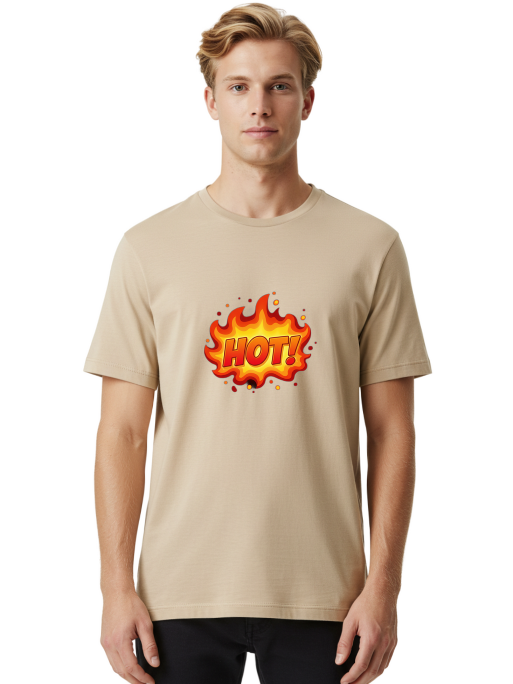 Hot Men'S Graphic Tee, 100% Cotton, Comfortable Casual Summer Wear, Machine Washable, Hot Sale, Flame Graphic, Attention Grabber, Promotional Material, Fiery Text, Bold Font, Red And Yellow Colors, Energetic Vibe, Sizzling Hot Deal Baa838