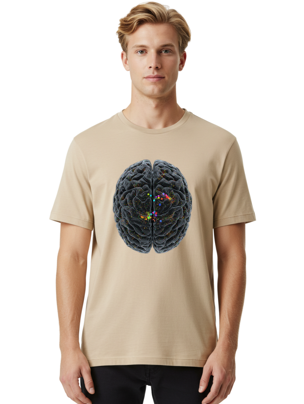 Human-Brain-2 Men'S Graphic Tee, 100% Cotton, Comfortable Casual Summer Wear, Machine Washable, Human Brain Anatomy, Neural Connections, Brain Function, Neuroscience, Cognitive Processes, Colorful Neurons, Synapses, Brain Activity, Baa840