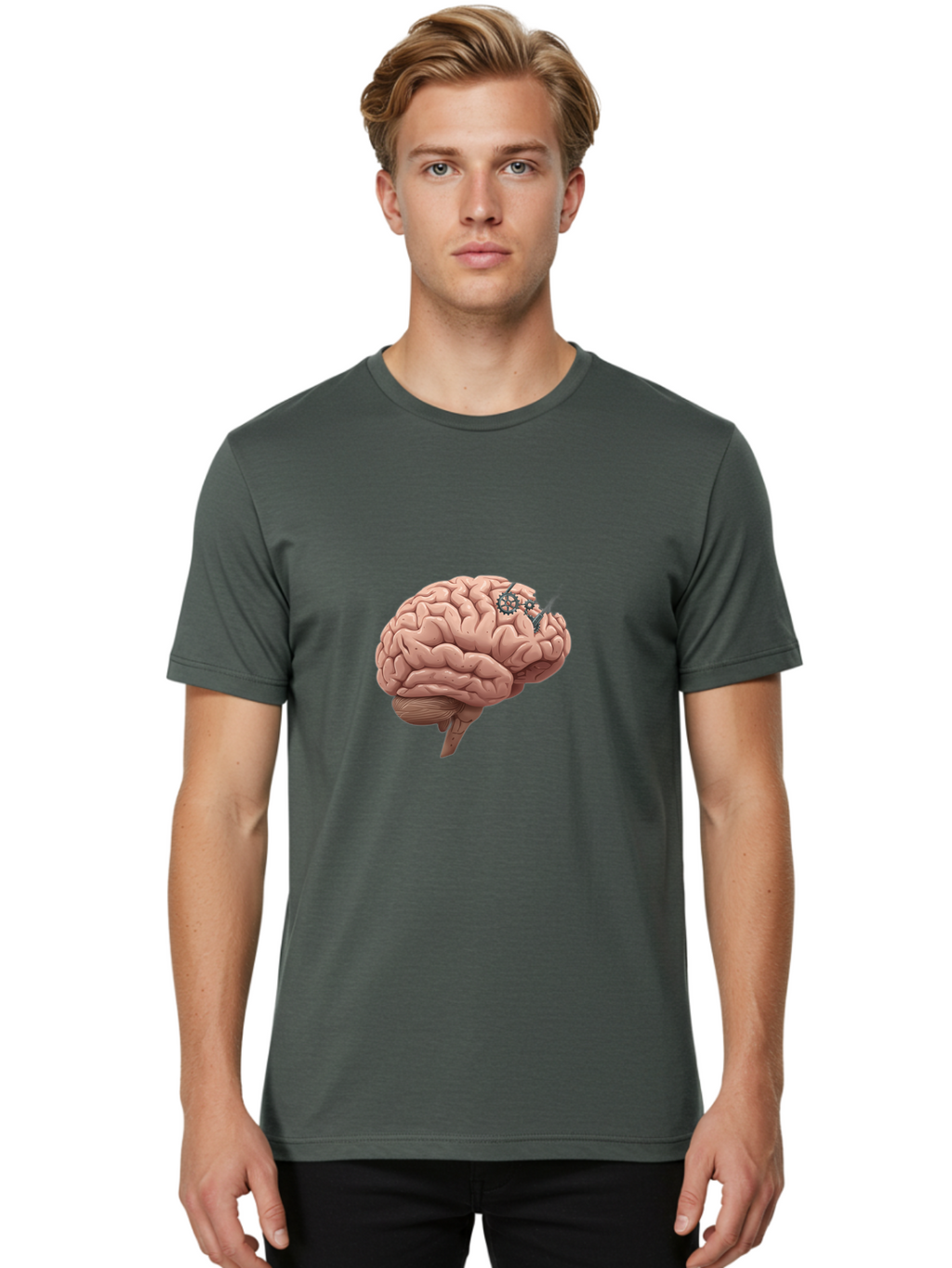 Human-Brain-With-Gears Men'S Graphic Tee, 100% Cotton, Comfortable Casual Summer Wear, Machine Washable, Human Brain, Cognitive Function, Mechanical Gears, Neural Connections, Thinking Process, Innovative Ideas, Brain Activity, Baa849