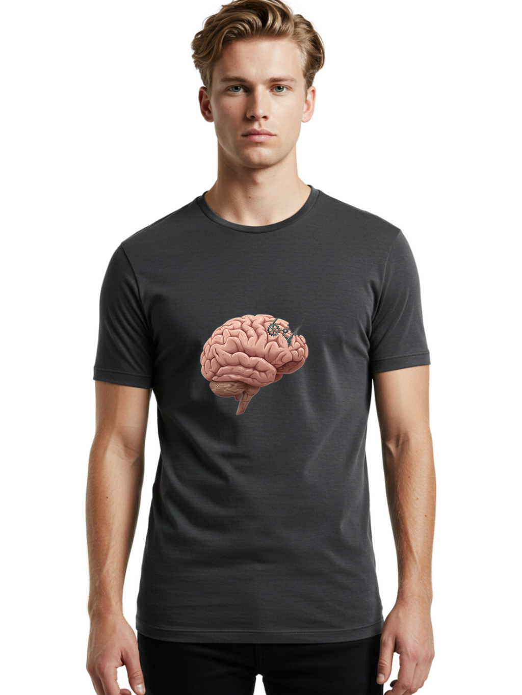 Human-Brain-With-Gears Men'S Graphic Tee, 100% Cotton, Comfortable Casual Summer Wear, Machine Washable, Human Brain, Cognitive Function, Mechanical Gears, Neural Connections, Thinking Process, Innovative Ideas, Brain Activity, Baa849