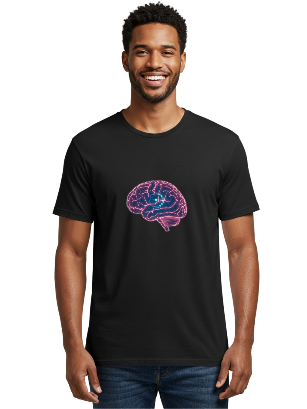 Human-Brain Men'S Graphic Tee, 100% Cotton, Comfortable Casual Summer Wear, Machine Washable, Human Brain, Cognitive Function, Neuroscience, Brain Function, Thought Process, Intelligence, Pink Outline, Blue Glow, Concentrated Thought Baa850