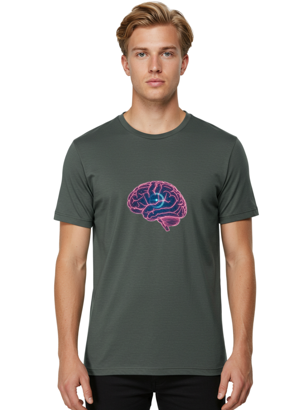 Human-Brain Men'S Graphic Tee, 100% Cotton, Comfortable Casual Summer Wear, Machine Washable, Human Brain, Cognitive Function, Neuroscience, Brain Function, Thought Process, Intelligence, Pink Outline, Blue Glow, Concentrated Thought Baa850