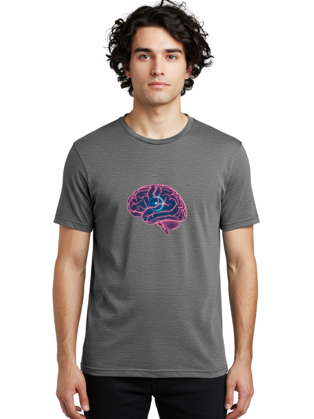 Human-Brain Men'S Graphic Tee, 100% Cotton, Comfortable Casual Summer Wear, Machine Washable, Human Brain, Cognitive Function, Neuroscience, Brain Function, Thought Process, Intelligence, Pink Outline, Blue Glow, Concentrated Thought Baa850