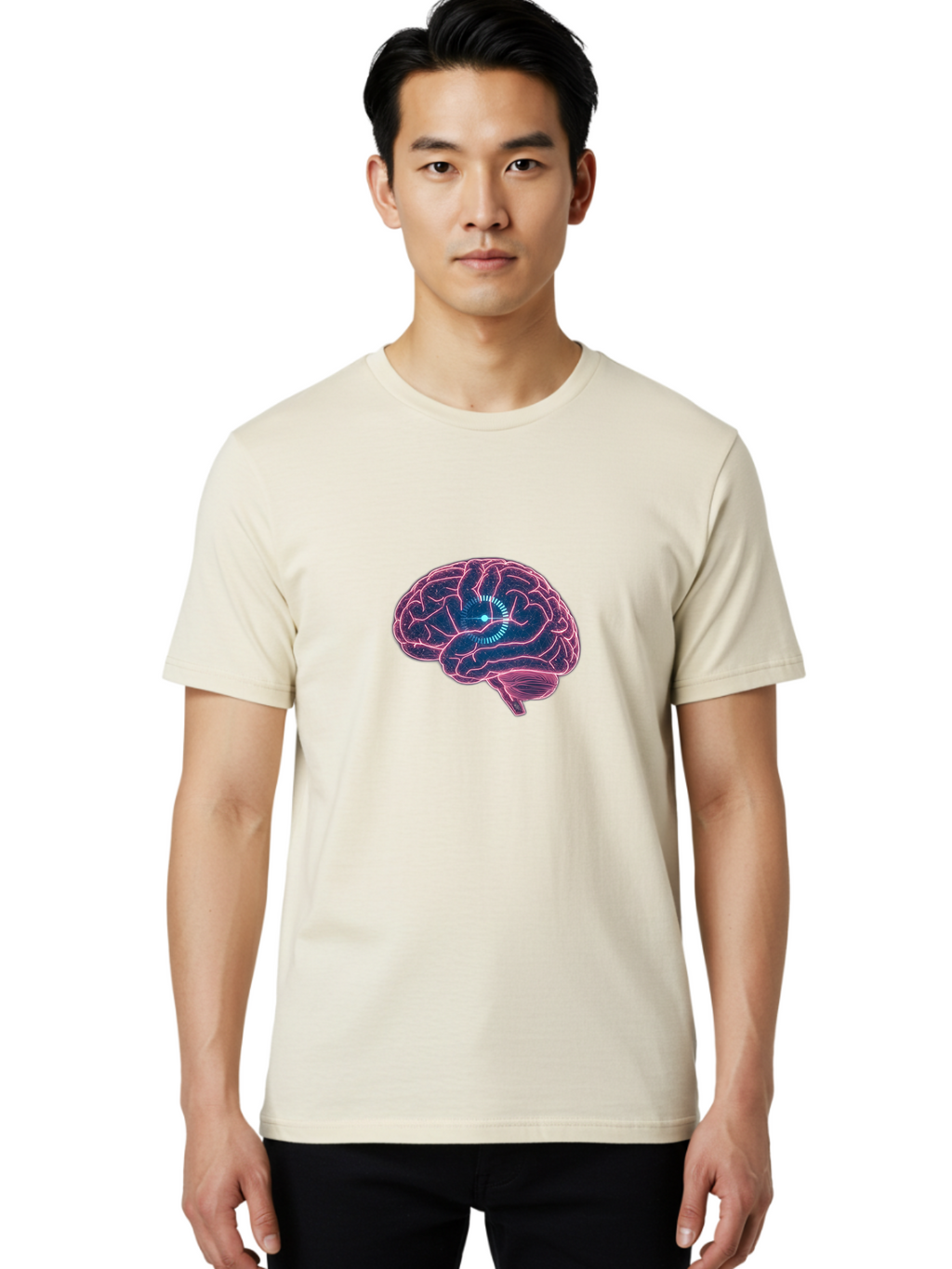 Human-Brain Men'S Graphic Tee, 100% Cotton, Comfortable Casual Summer Wear, Machine Washable, Human Brain, Cognitive Function, Neuroscience, Brain Function, Thought Process, Intelligence, Pink Outline, Blue Glow, Concentrated Thought Baa850