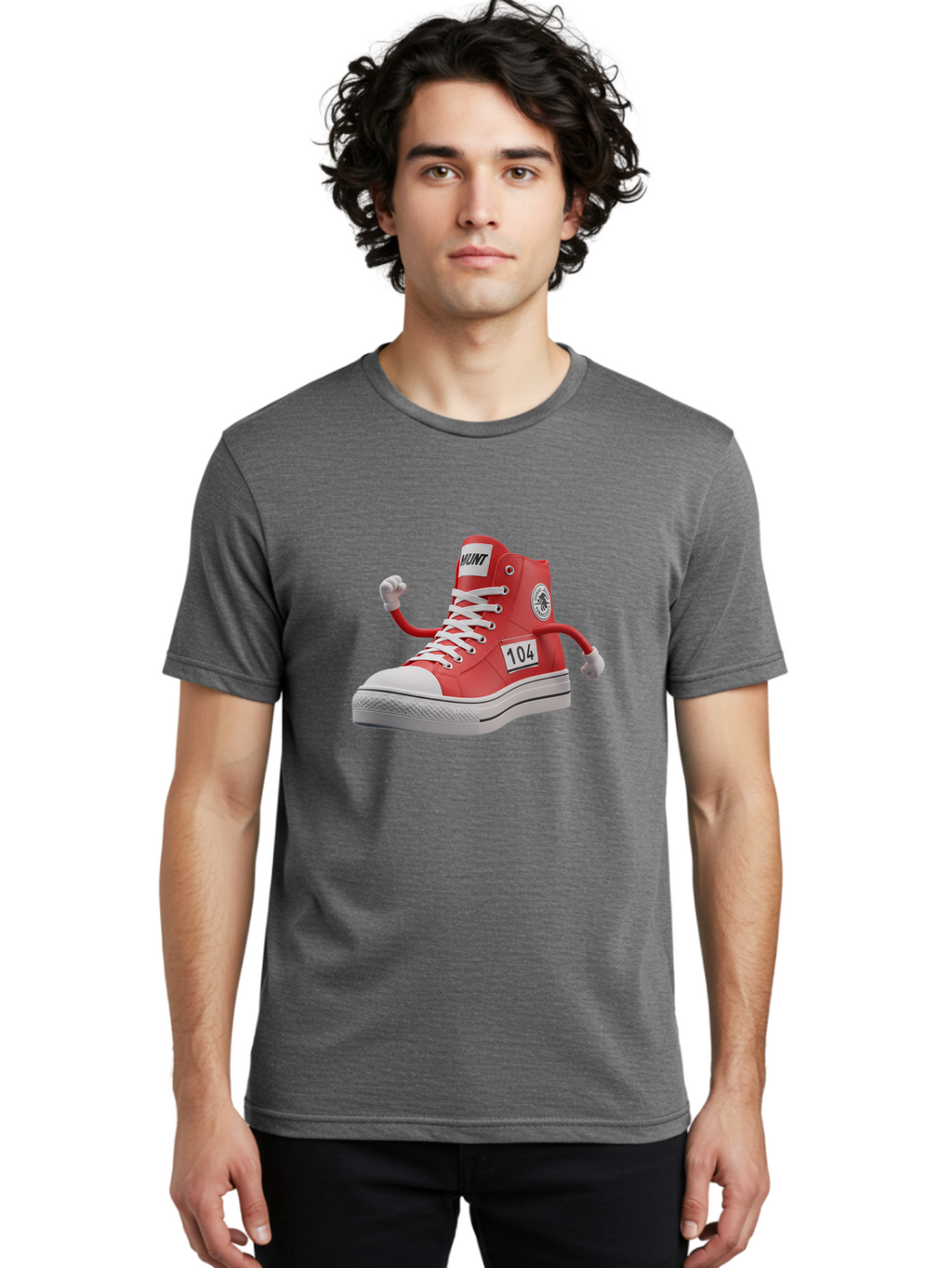 Hunt Men'S Graphic Tee, 100% Cotton, Comfortable Casual Summer Wear, Machine Washable, Red High-Top Sneaker, Hunt Logo, 104 Label, Cartoon Hands, Quirky Design, Bold Fashion Statement, Sneakers With Arms, Humorous Illustration, Baa851
