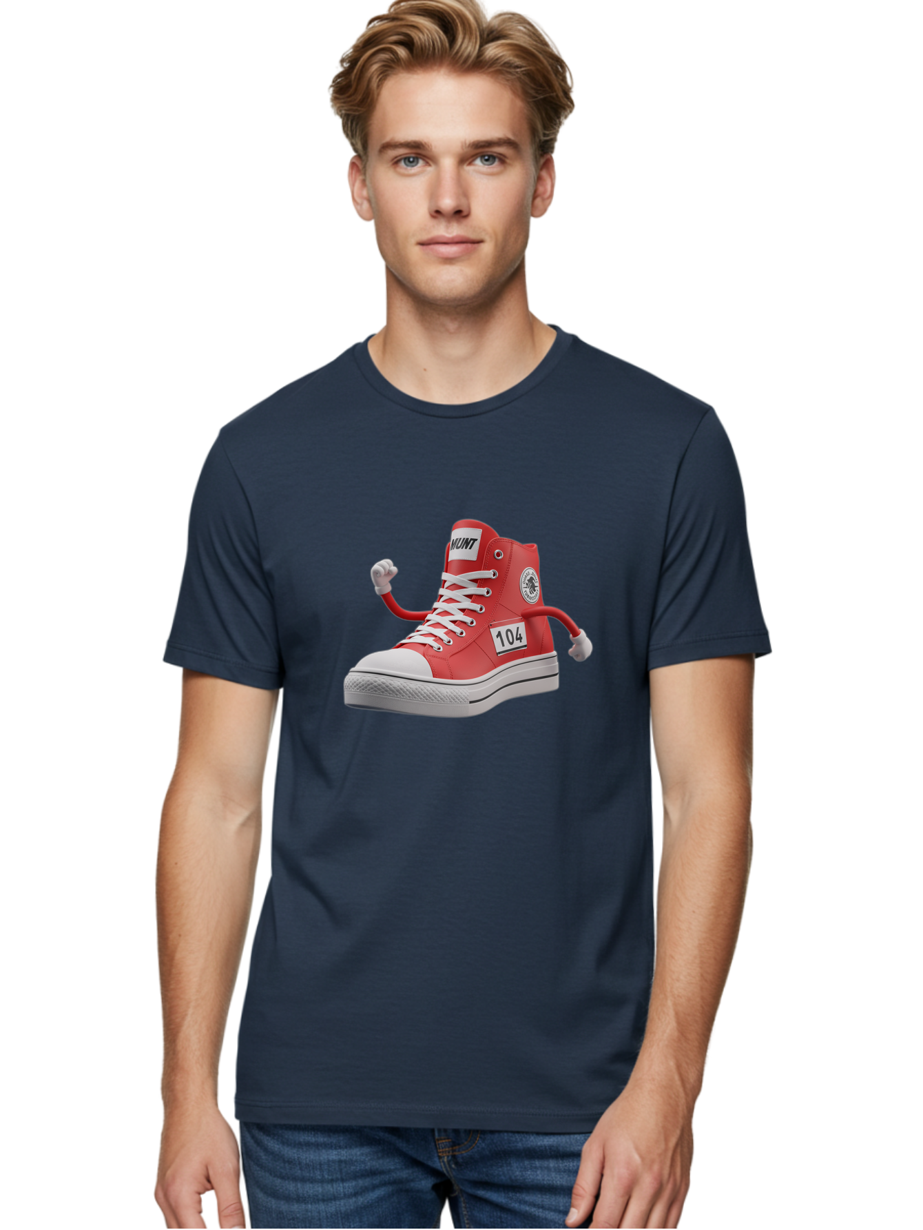 Hunt Men'S Graphic Tee, 100% Cotton, Comfortable Casual Summer Wear, Machine Washable, Red High-Top Sneaker, Hunt Logo, 104 Label, Cartoon Hands, Quirky Design, Bold Fashion Statement, Sneakers With Arms, Humorous Illustration, Baa851