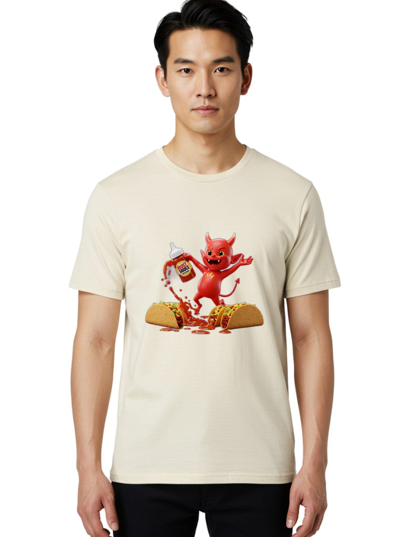 Hustl-Sauce-Devil Men'S Graphic Tee, 100% Cotton, Comfortable Casual Summer Wear, Machine Washable, Red Devil Character, Hot Sauce Bottle, Tacos, Spicy Food, Hot Peppers, Cartoon Style, Playful Illustration, Sauce Splatter, Baa852