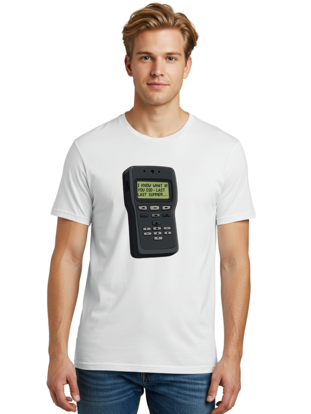 I-Know-What-You-Did-Last-Summer-Pager Men'S Graphic Tee, 100% Cotton, Comfortable Casual Summer Wear, Machine Washable, Black Digital Answering Machine, Ominous Message, Horror Theme, Retro Tech, Spooky Atmosphere, Baa853