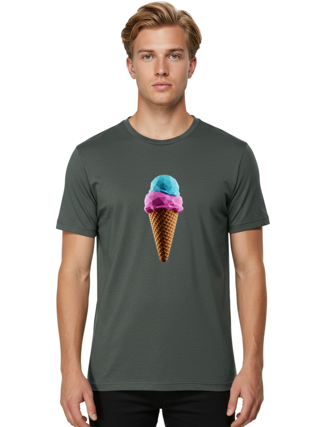 Ice-Cream-Cone-1 Men'S Graphic Tee, 100% Cotton, Comfortable Casual Summer Wear, Machine Washable, Ice Cream, Two Scoops, Pink And Blue, Waffle Cone, Low Poly, Geometric Style, Sweet Treat, Summer Dessert, Cool Colors, Art Illustration Baa854