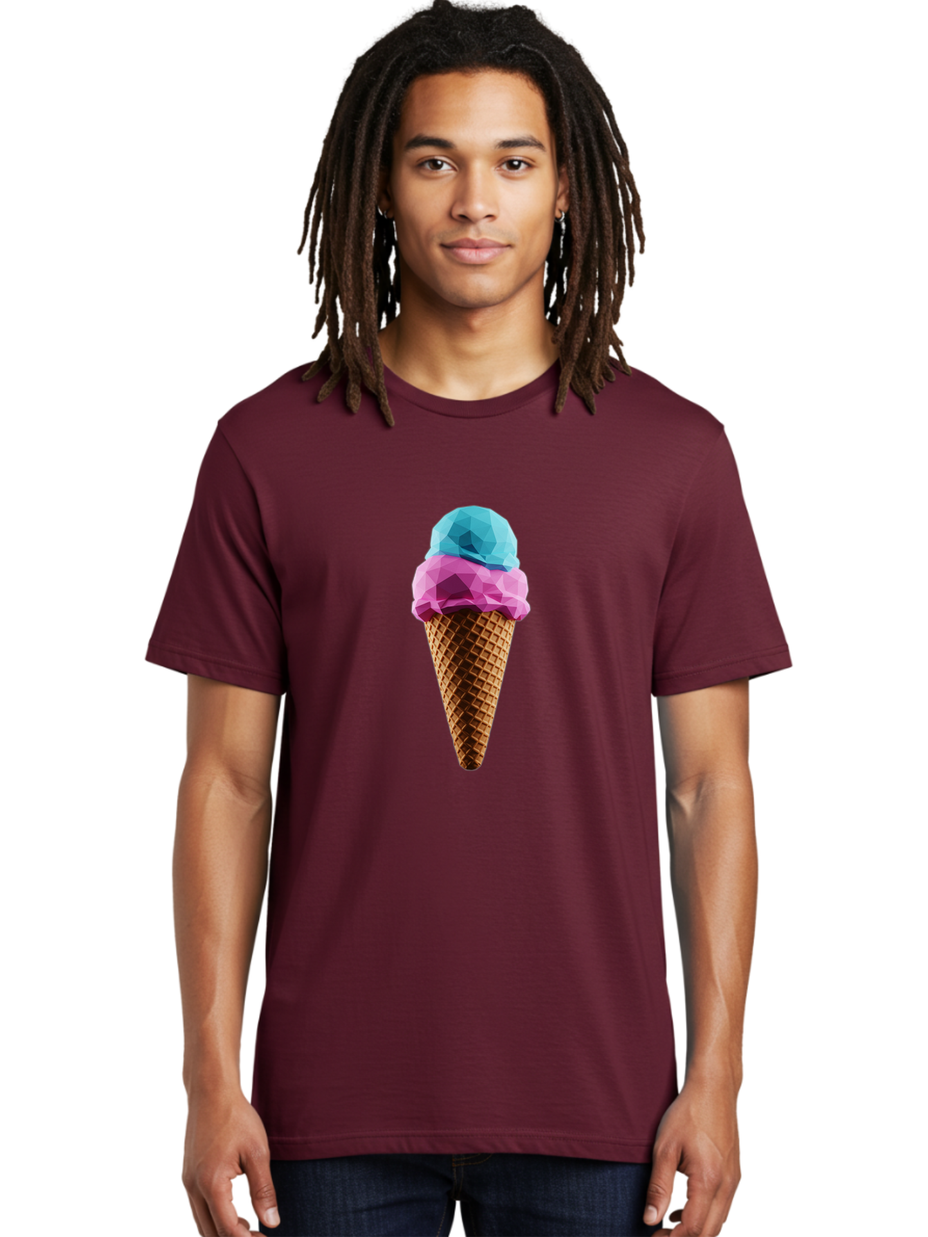 Ice-Cream-Cone-1 Men'S Graphic Tee, 100% Cotton, Comfortable Casual Summer Wear, Machine Washable, Ice Cream, Two Scoops, Pink And Blue, Waffle Cone, Low Poly, Geometric Style, Sweet Treat, Summer Dessert, Cool Colors, Art Illustration Baa854