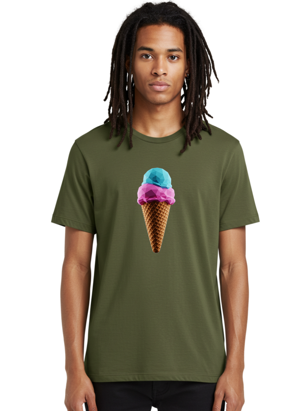 Ice-Cream-Cone-1 Men'S Graphic Tee, 100% Cotton, Comfortable Casual Summer Wear, Machine Washable, Ice Cream, Two Scoops, Pink And Blue, Waffle Cone, Low Poly, Geometric Style, Sweet Treat, Summer Dessert, Cool Colors, Art Illustration Baa854