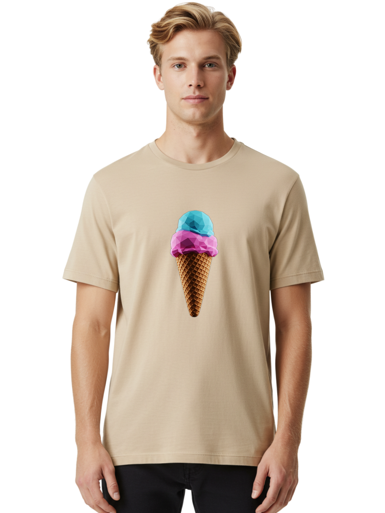 Ice-Cream-Cone-1 Men'S Graphic Tee, 100% Cotton, Comfortable Casual Summer Wear, Machine Washable, Ice Cream, Two Scoops, Pink And Blue, Waffle Cone, Low Poly, Geometric Style, Sweet Treat, Summer Dessert, Cool Colors, Art Illustration Baa854