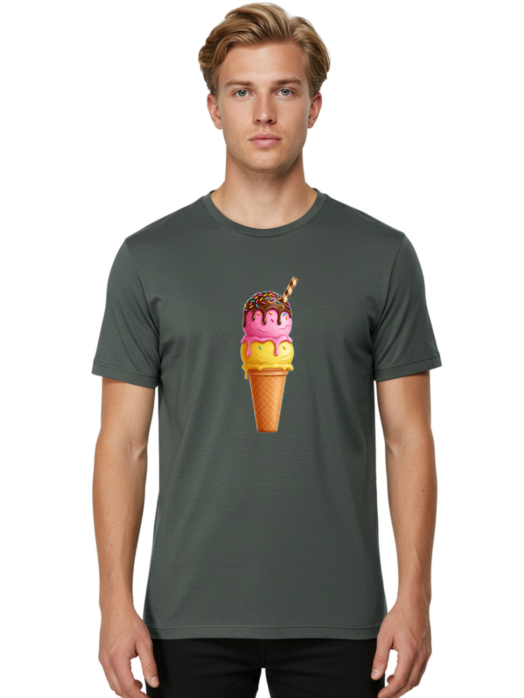 Ice-Cream-Cone-10 Men'S Graphic Tee, 100% Cotton, Comfortable Casual Summer Wear, Machine Washable, Two Scoops Of Ice Cream, Cone With Ice Cream, Waffle Cone, Strawberry Ice Cream, Banana Ice Cream, Chocolate Sauce, Sprinkles, Striped Straw, Baa855