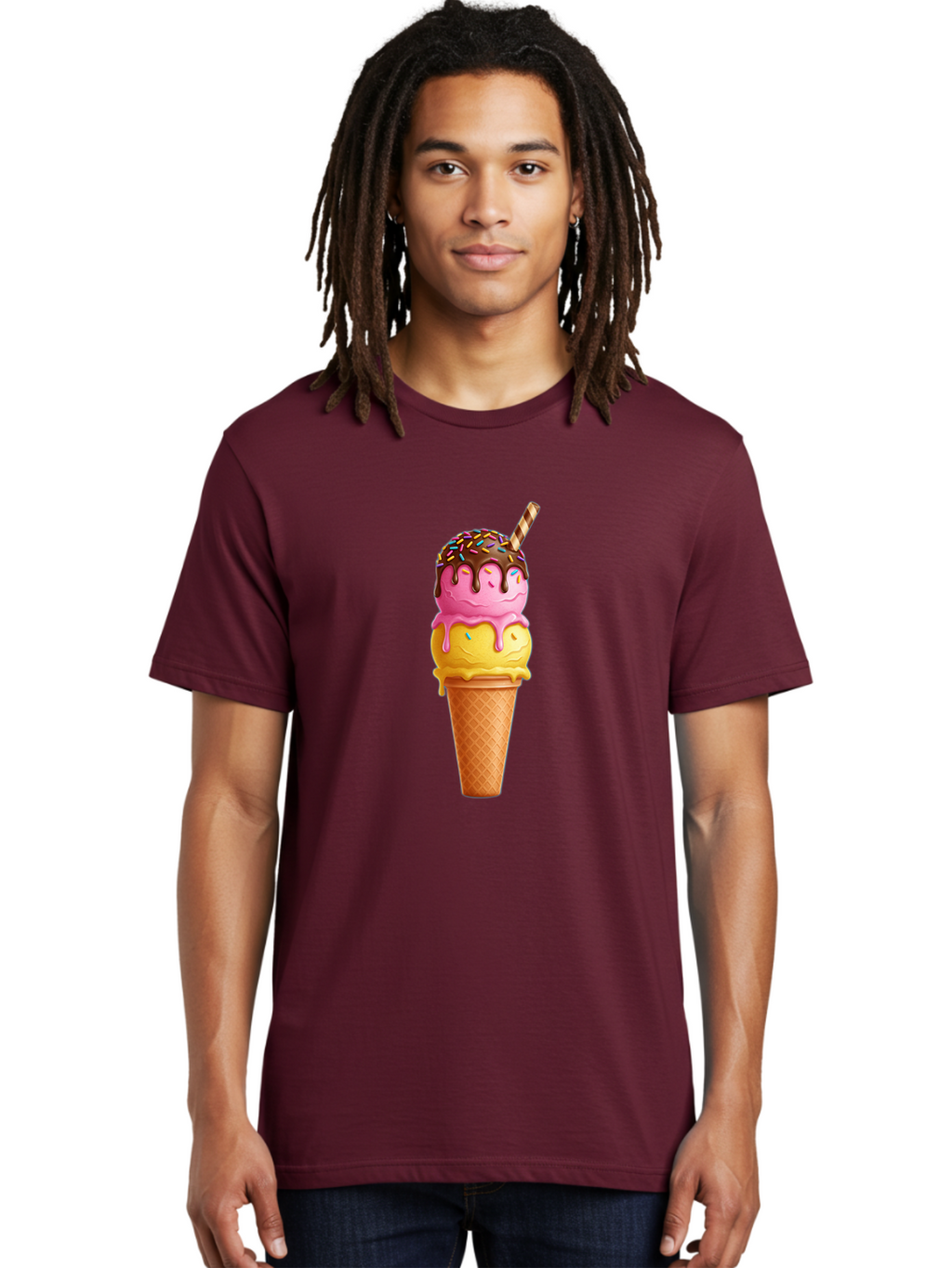 Ice-Cream-Cone-10 Men'S Graphic Tee, 100% Cotton, Comfortable Casual Summer Wear, Machine Washable, Two Scoops Of Ice Cream, Cone With Ice Cream, Waffle Cone, Strawberry Ice Cream, Banana Ice Cream, Chocolate Sauce, Sprinkles, Striped Straw, Baa855
