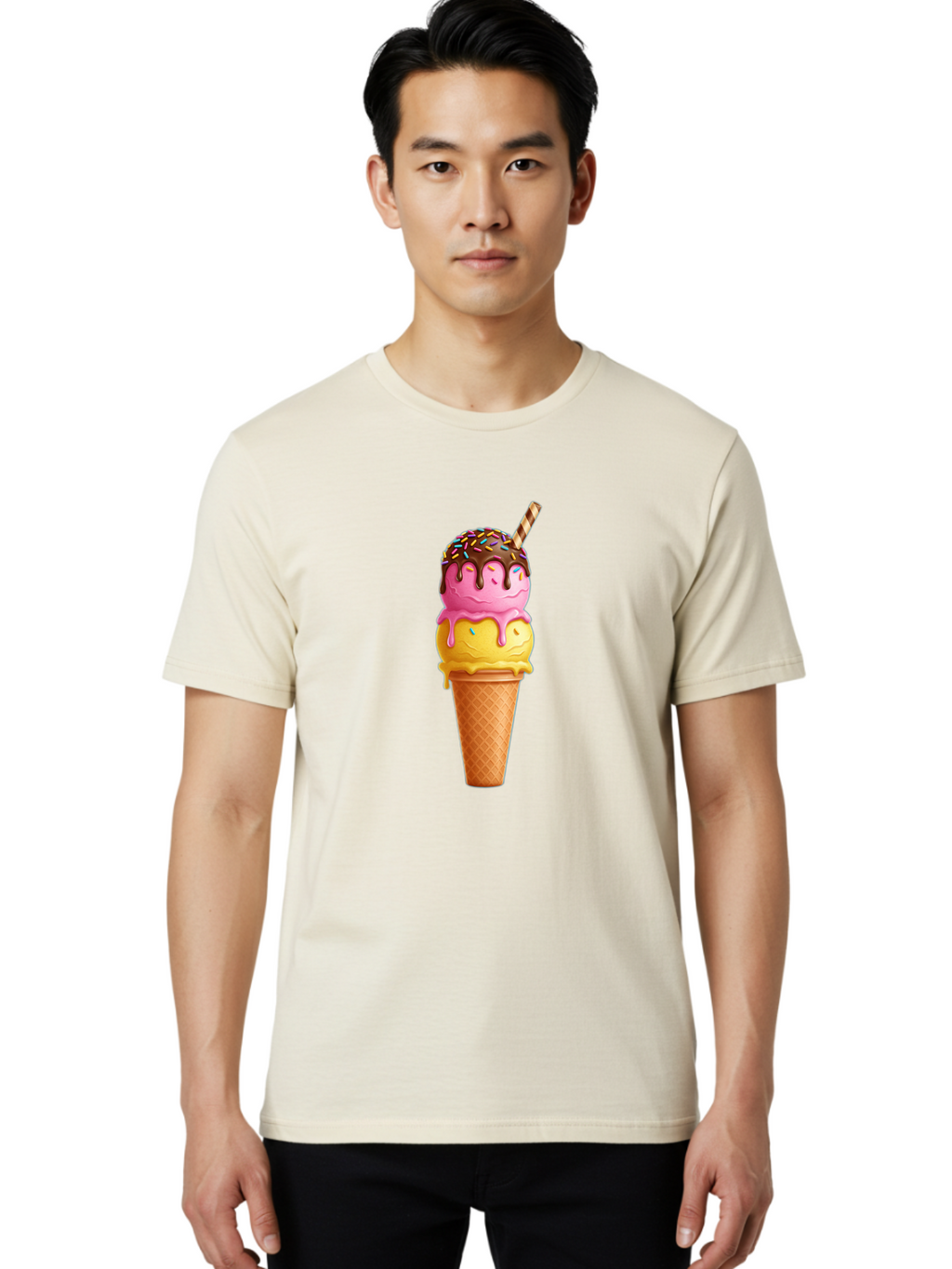 Ice-Cream-Cone-10 Men'S Graphic Tee, 100% Cotton, Comfortable Casual Summer Wear, Machine Washable, Two Scoops Of Ice Cream, Cone With Ice Cream, Waffle Cone, Strawberry Ice Cream, Banana Ice Cream, Chocolate Sauce, Sprinkles, Striped Straw, Baa855