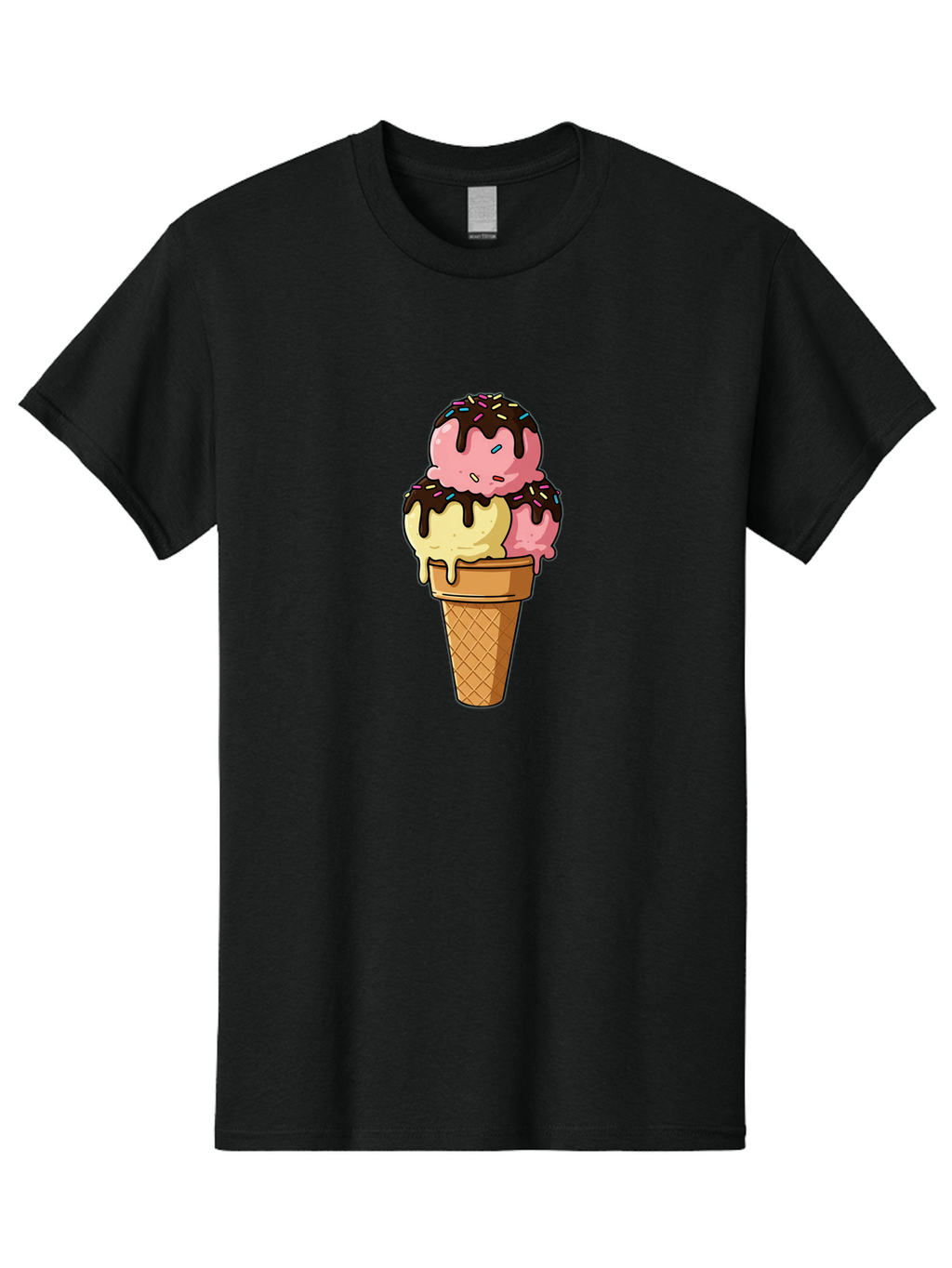 Ice-Cream-Cone-11 Men'S Graphic Tee, 100% Cotton, Comfortable Casual Summer Wear, Machine Washable, Ice Cream Cone, Triple Scoop, Pink And Yellow Ice Cream, Chocolate Sauce, Sprinkles, Dripping Ice Cream, Sweet Treats, Dessert Illustration, Baa856