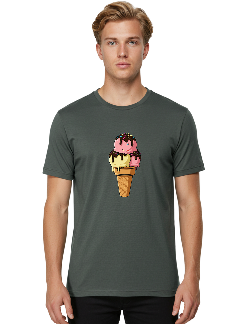 Ice-Cream-Cone-11 Men'S Graphic Tee, 100% Cotton, Comfortable Casual Summer Wear, Machine Washable, Ice Cream Cone, Triple Scoop, Pink And Yellow Ice Cream, Chocolate Sauce, Sprinkles, Dripping Ice Cream, Sweet Treats, Dessert Illustration, Baa856