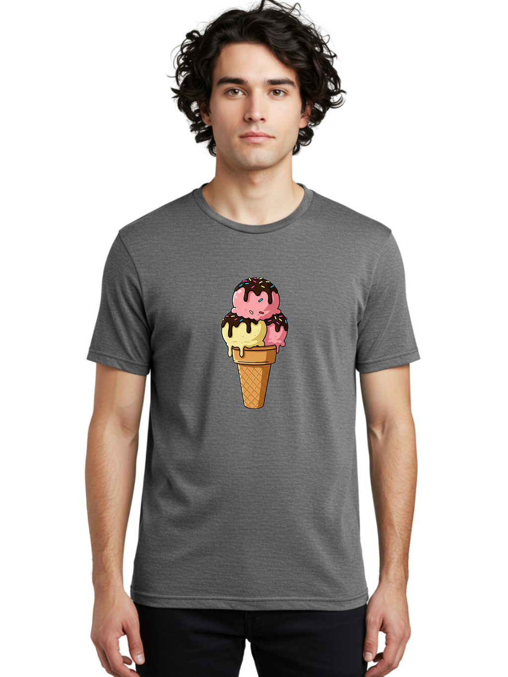 Ice-Cream-Cone-11 Men'S Graphic Tee, 100% Cotton, Comfortable Casual Summer Wear, Machine Washable, Ice Cream Cone, Triple Scoop, Pink And Yellow Ice Cream, Chocolate Sauce, Sprinkles, Dripping Ice Cream, Sweet Treats, Dessert Illustration, Baa856