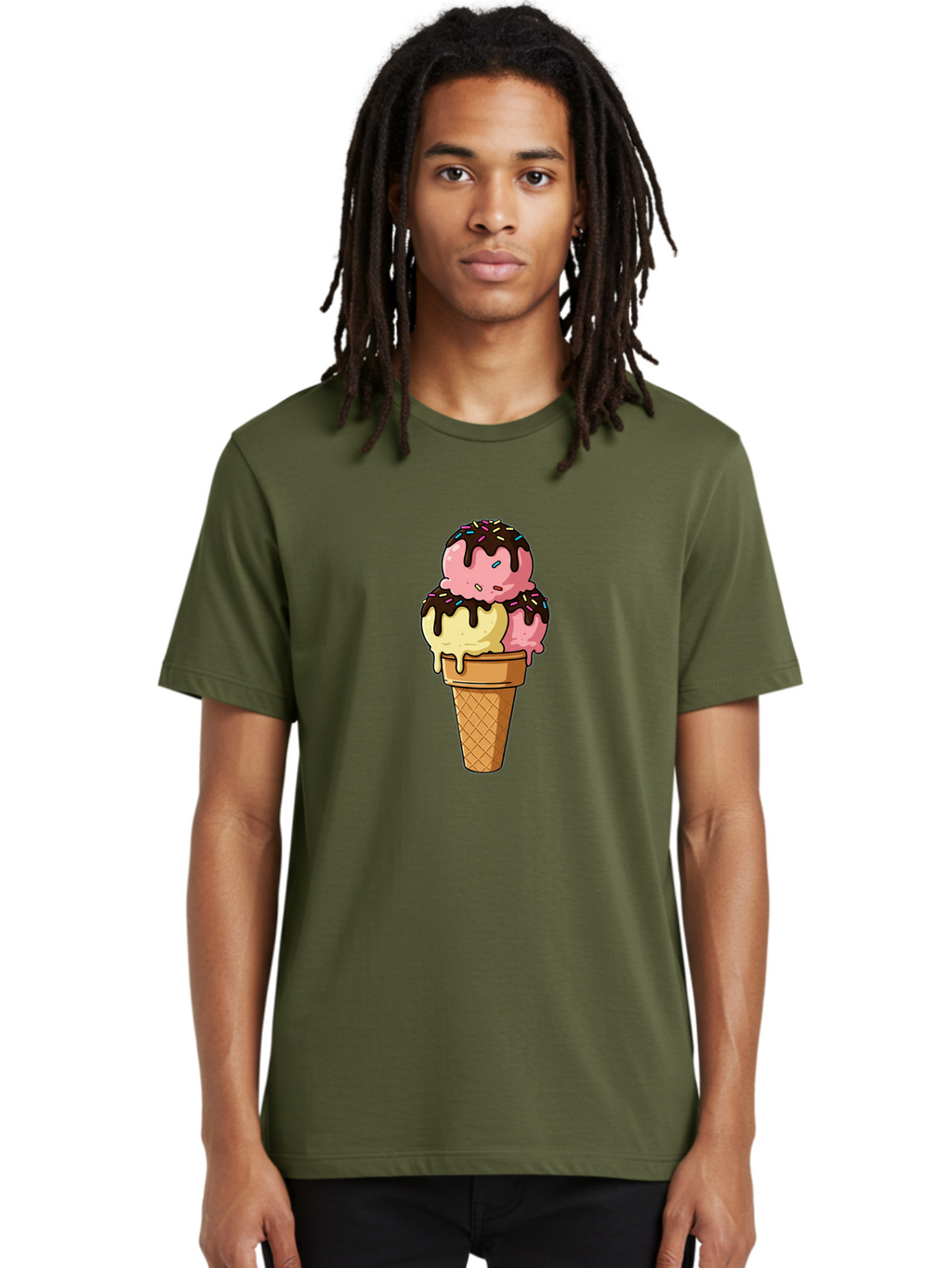 Ice-Cream-Cone-11 Men'S Graphic Tee, 100% Cotton, Comfortable Casual Summer Wear, Machine Washable, Ice Cream Cone, Triple Scoop, Pink And Yellow Ice Cream, Chocolate Sauce, Sprinkles, Dripping Ice Cream, Sweet Treats, Dessert Illustration, Baa856