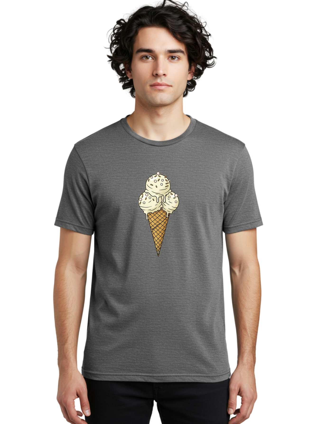 Ice-Cream-Cone-12 Men'S Graphic Tee, 100% Cotton, Comfortable Casual Summer Wear, Machine Washable, Ice Cream Cone, Three Scoops, Melting Ice Cream, Waffle Cone, Sweet Treat, Dessert Illustration, Creamy Texture, Chocolate Chips, Baa857