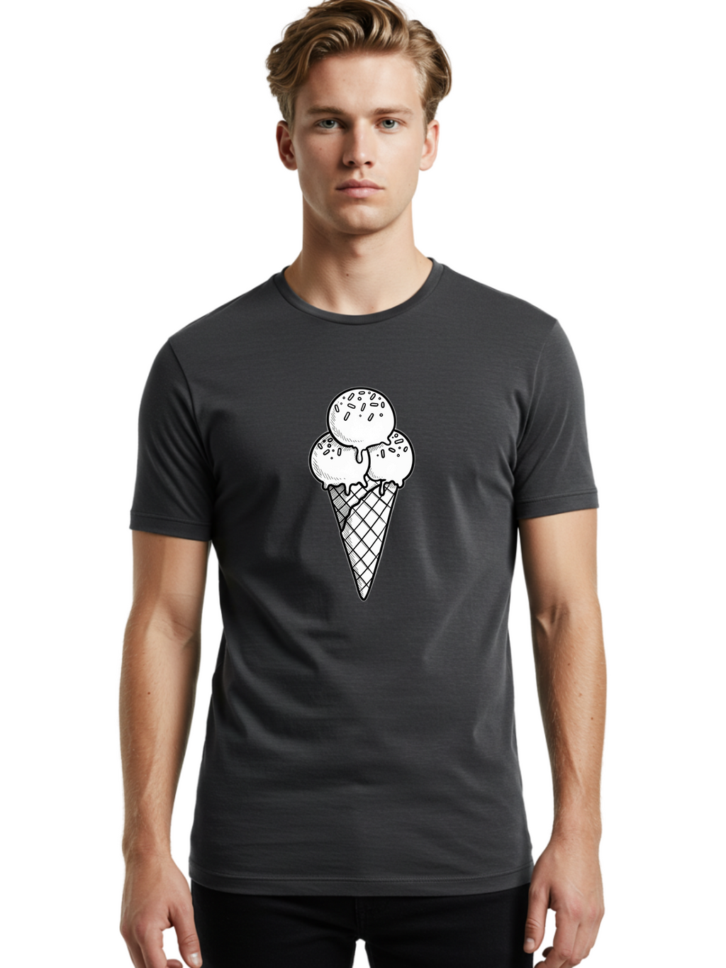 Ice-Cream-Cone-13 Men'S Graphic Tee, 100% Cotton, Comfortable Casual Summer Wear, Machine Washable, Ice Cream Cone, Three Scoops, Melting Ice Cream, Sweet Treats, Dessert Ideas, Ice Cream Lovers, Hand-Drawn Illustration, Sprinkles, Waffle Cone Baa858
