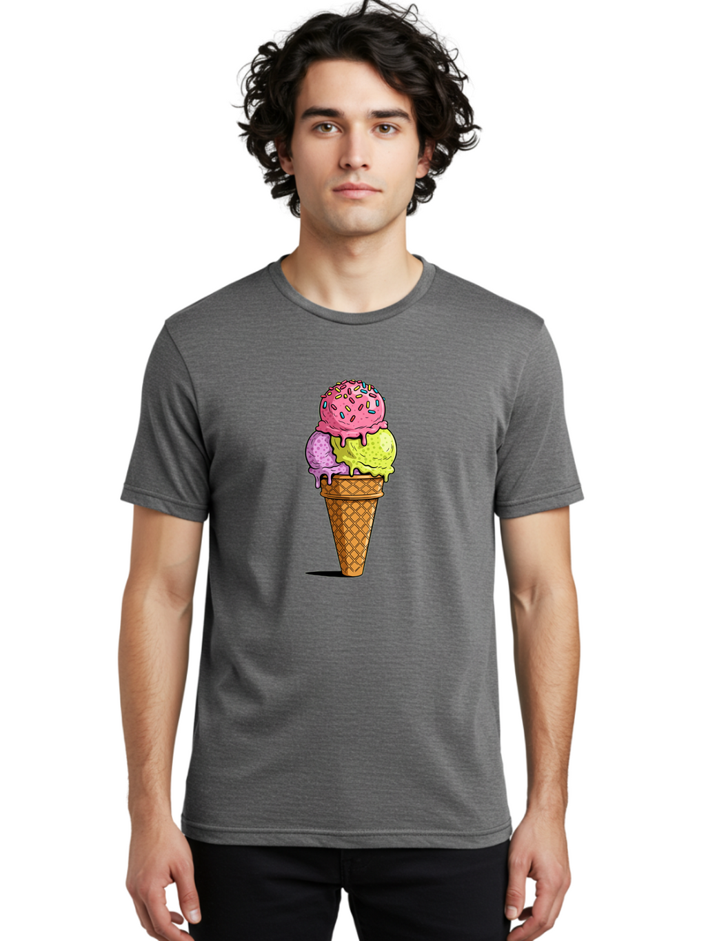 Ice-Cream-Cone-14 Men'S Graphic Tee, 100% Cotton, Comfortable Casual Summer Wear, Machine Washable, Triple Scoop Ice Cream Cone, Colorful Ice Cream, Waffle Cone, Melting Ice Cream, Sprinkles, Pastel Colors, Sweet Treat, Dessert, Summer Snack, Baa859