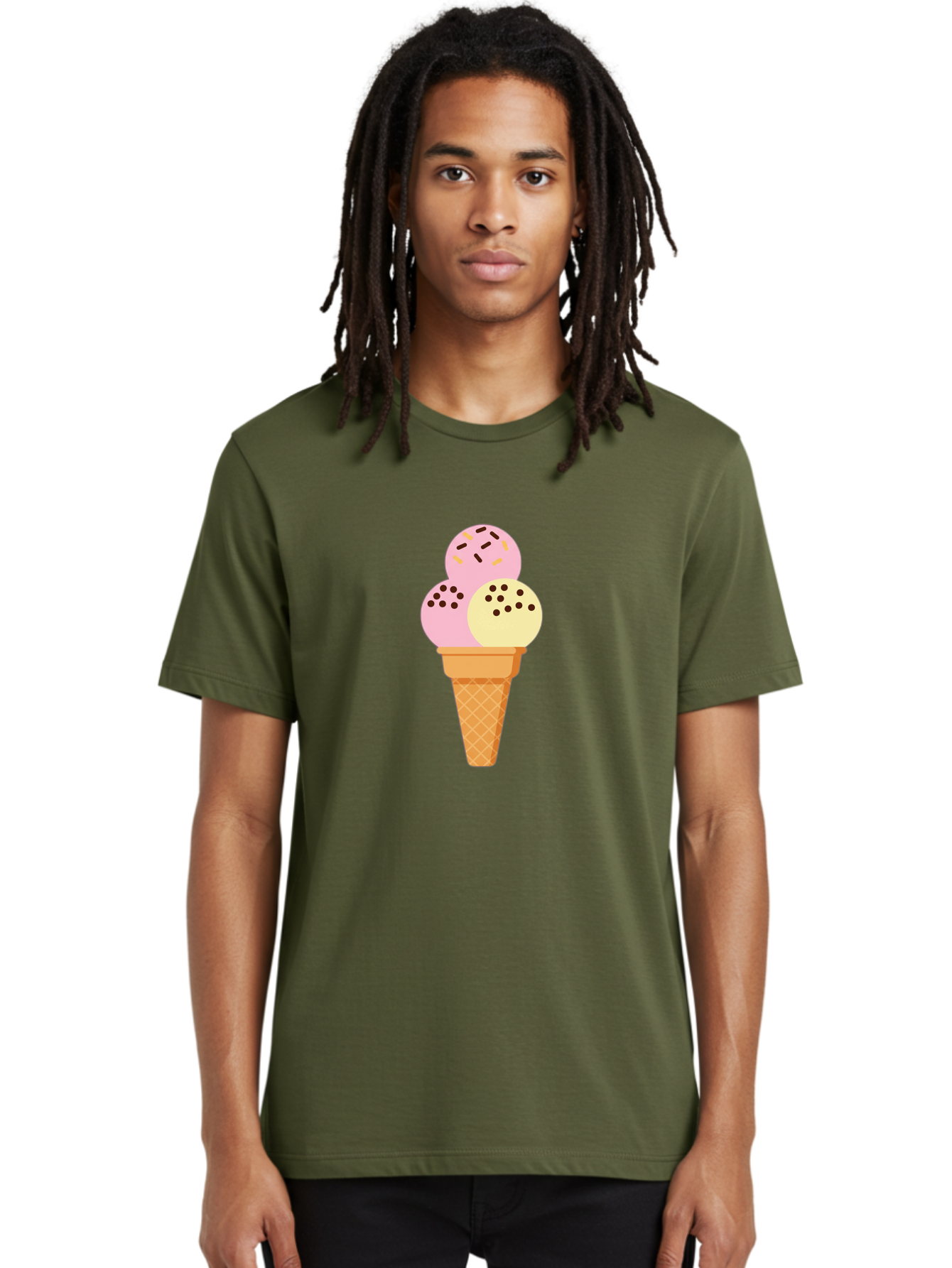 Ice-Cream-Cone-15 Men'S Graphic Tee, 100% Cotton, Comfortable Casual Summer Wear, Machine Washable, Ice Cream Cone, Three Scoops, Pink And Yellow Ice Cream, Chocolate Chips, Sprinkles, Frozen Dessert, Sweet Treat, Dessert Lover, Baa860