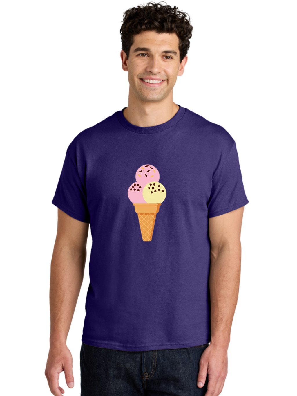 Ice-Cream-Cone-15 Men'S Graphic Tee, 100% Cotton, Comfortable Casual Summer Wear, Machine Washable, Ice Cream Cone, Three Scoops, Pink And Yellow Ice Cream, Chocolate Chips, Sprinkles, Frozen Dessert, Sweet Treat, Dessert Lover, Baa860