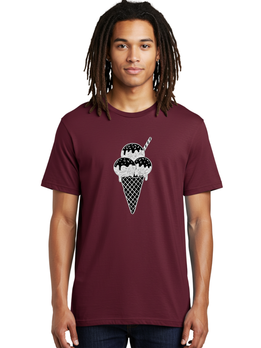 Ice-Cream-Cone-16 Men'S Graphic Tee, 100% Cotton, Comfortable Casual Summer Wear, Machine Washable, Ice Cream Cone, Three Scoops, Dripping Chocolate Sauce, Sprinkles, Striped Straw, Sweet Treat, Dessert, Frozen Dessert Baa861