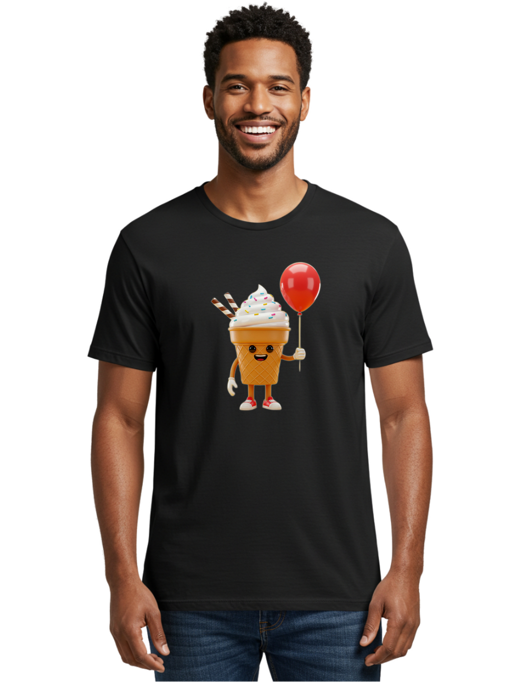 Ice-Cream-Cone-2 Men'S Graphic Tee, 100% Cotton, Comfortable Casual Summer Wear, Machine Washable, Ice Cream Cone With Face, Cartoon Character, Whipped Cream, Sprinkles, Red Balloon, Party Theme, Funny Illustration, Colorful Dessert, Baa863