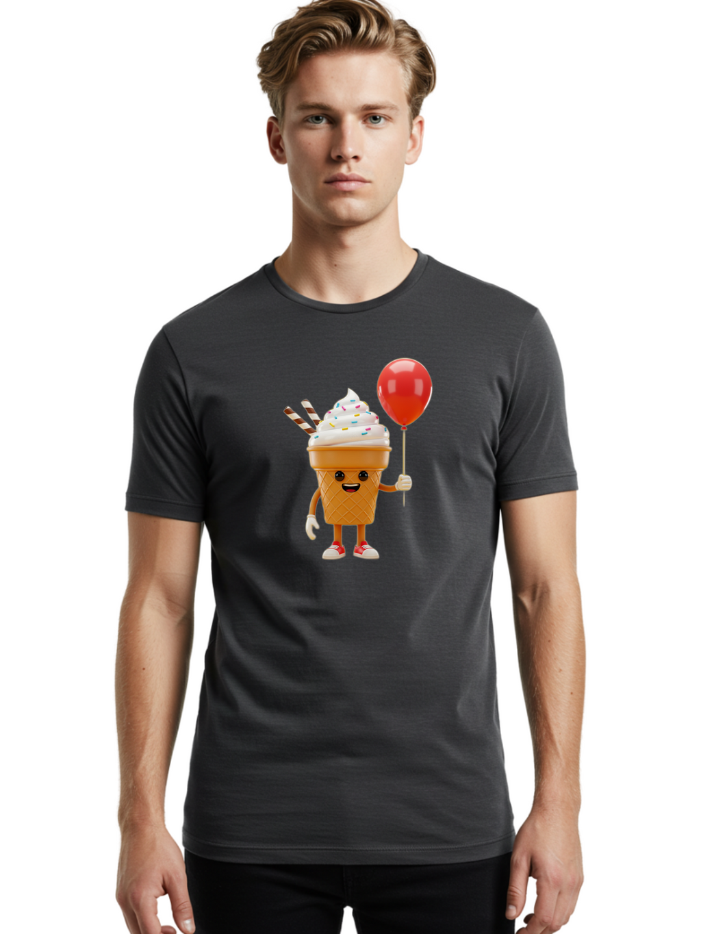 Ice-Cream-Cone-2 Men'S Graphic Tee, 100% Cotton, Comfortable Casual Summer Wear, Machine Washable, Ice Cream Cone With Face, Cartoon Character, Whipped Cream, Sprinkles, Red Balloon, Party Theme, Funny Illustration, Colorful Dessert, Baa863