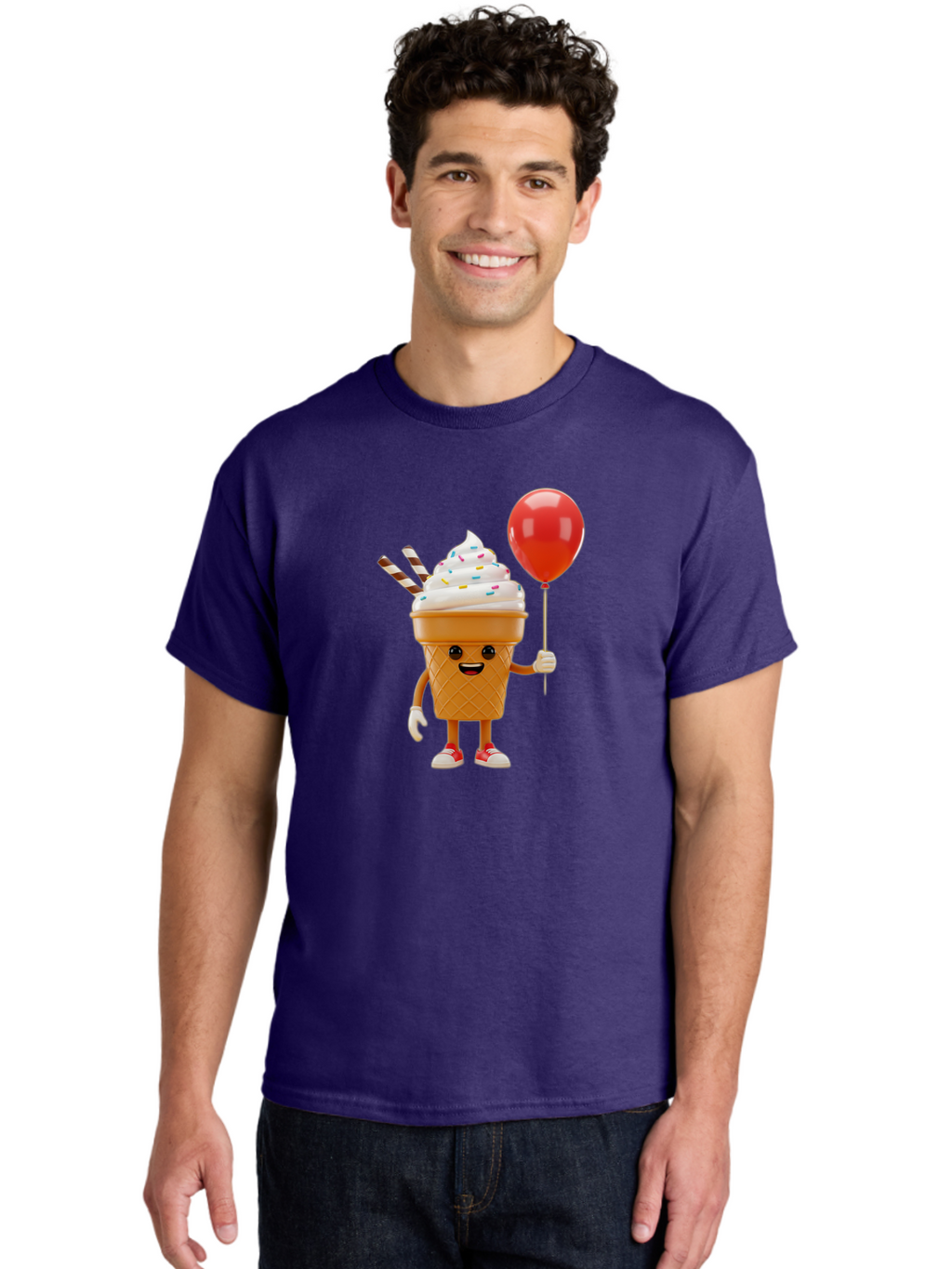 Ice-Cream-Cone-2 Men'S Graphic Tee, 100% Cotton, Comfortable Casual Summer Wear, Machine Washable, Ice Cream Cone With Face, Cartoon Character, Whipped Cream, Sprinkles, Red Balloon, Party Theme, Funny Illustration, Colorful Dessert, Baa863