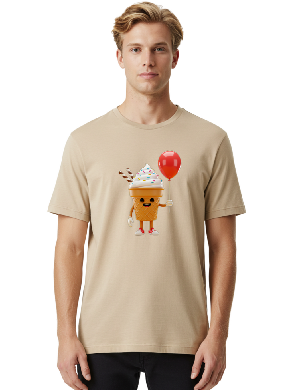 Ice-Cream-Cone-2 Men'S Graphic Tee, 100% Cotton, Comfortable Casual Summer Wear, Machine Washable, Ice Cream Cone With Face, Cartoon Character, Whipped Cream, Sprinkles, Red Balloon, Party Theme, Funny Illustration, Colorful Dessert, Baa863