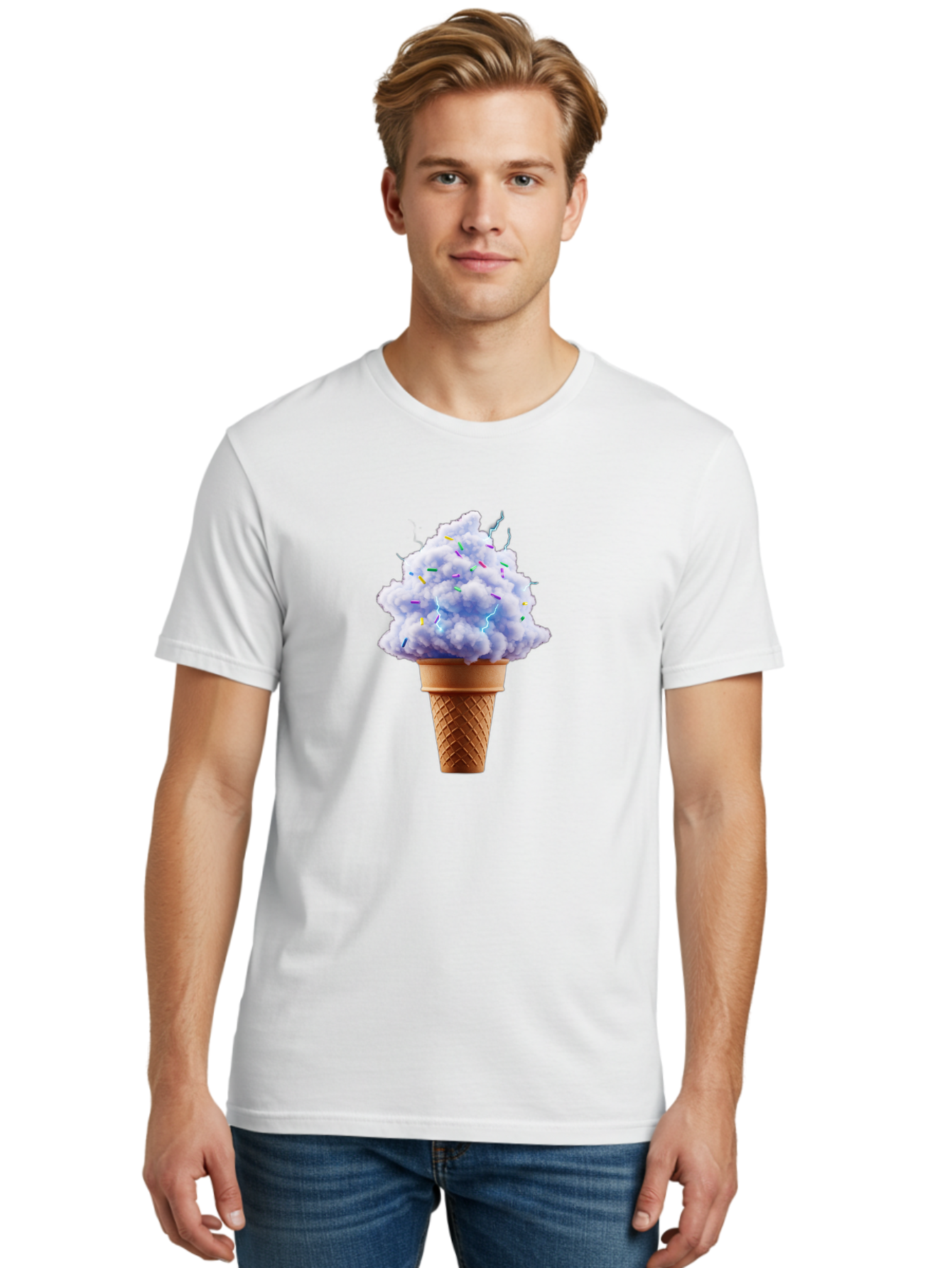 Ice-Cream-Cone-4 Men'S Graphic Tee, 100% Cotton, Comfortable Casual Summer Wear, Machine Washable, Ice Cream Cone, Pastel Colors, Colorful Sprinkles, Fluffy Texture, Sweet Treat, Desserts, Summer Fun, Ice Cream Lover, Creative Food Art Baa865