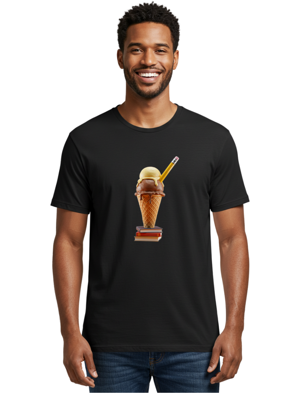 Ice-Cream-Cone-5 Men'S Graphic Tee, 100% Cotton, Comfortable Casual Summer Wear, Machine Washable, Ice Cream Cone With Melting Ice Cream, Chocolate And Vanilla Flavors, Waffle Cone, Pencil Stuck In The Ice Cream, Stack Of Books, Baa866