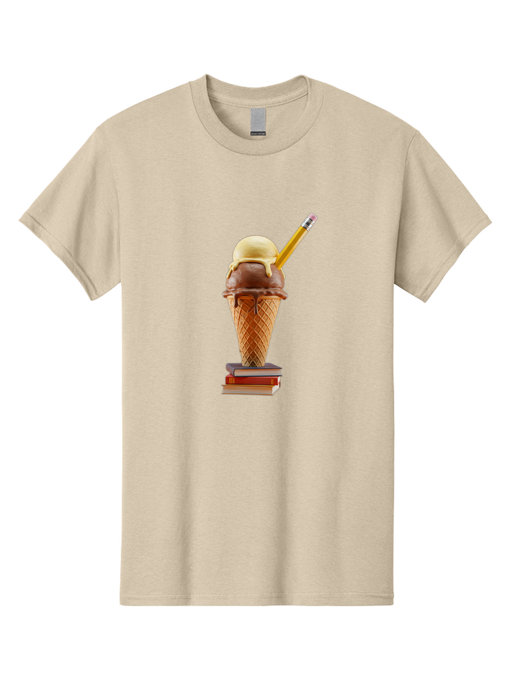 Ice-Cream-Cone-5 Men'S Graphic Tee, 100% Cotton, Comfortable Casual Summer Wear, Machine Washable, Ice Cream Cone With Melting Ice Cream, Chocolate And Vanilla Flavors, Waffle Cone, Pencil Stuck In The Ice Cream, Stack Of Books, Baa866