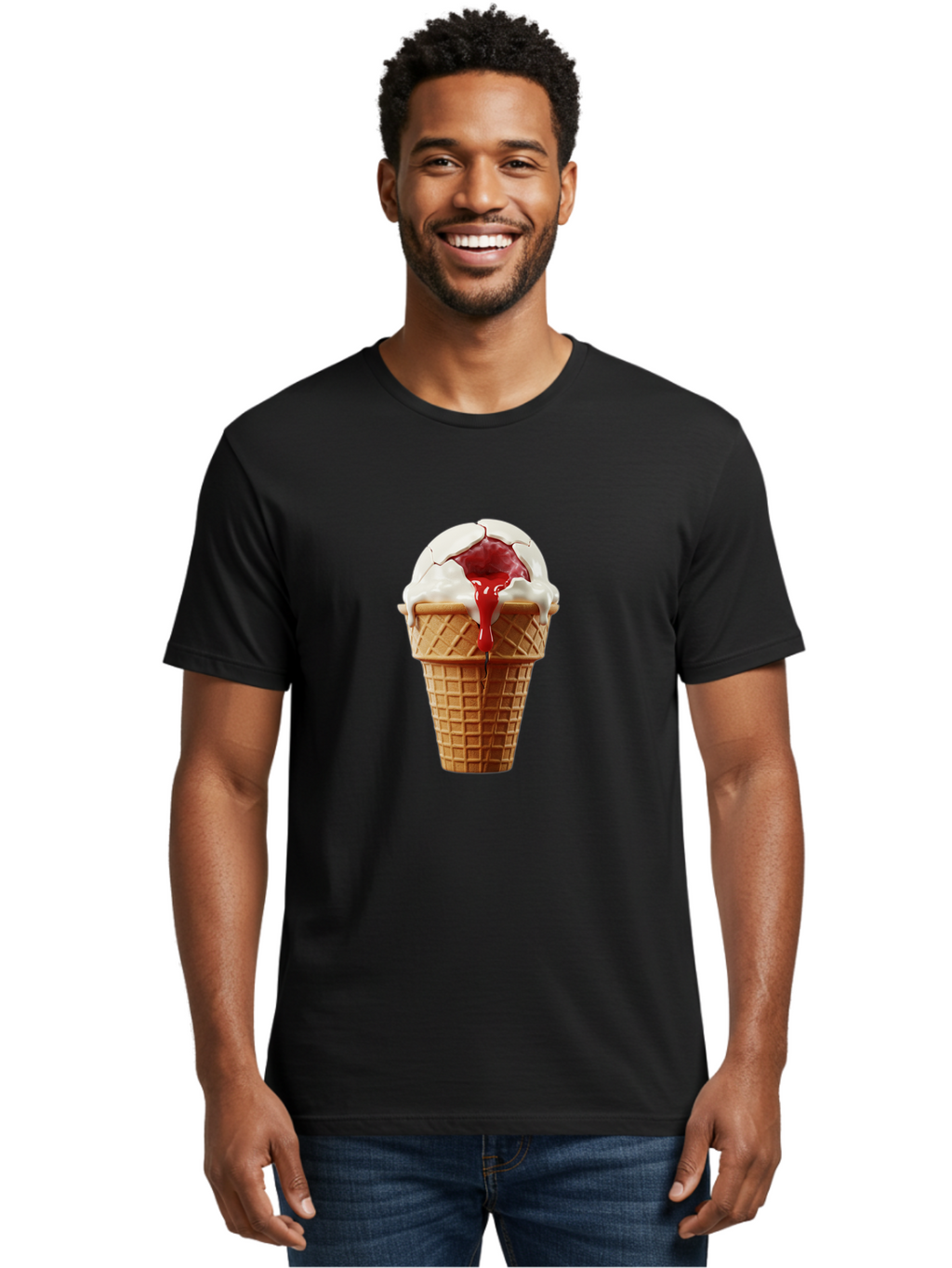Ice-Cream-Cone-6 Men'S Graphic Tee, 100% Cotton, Comfortable Casual Summer Wear, Machine Washable, Decaying Ice Cream Cone, Cracked Ice Cream, Melting Ice Cream, Red Sauce, White Chocolate, Dessert, Sweet Treats, Yummy, Melting, Dripping, Baa867