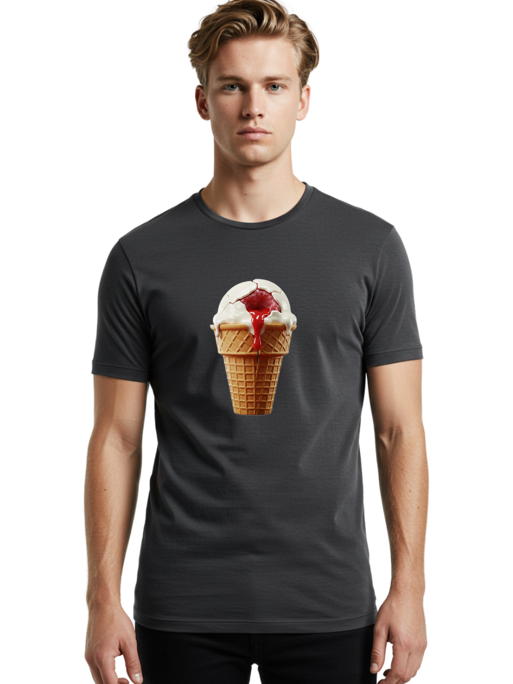 Ice-Cream-Cone-6 Men'S Graphic Tee, 100% Cotton, Comfortable Casual Summer Wear, Machine Washable, Decaying Ice Cream Cone, Cracked Ice Cream, Melting Ice Cream, Red Sauce, White Chocolate, Dessert, Sweet Treats, Yummy, Melting, Dripping, Baa867