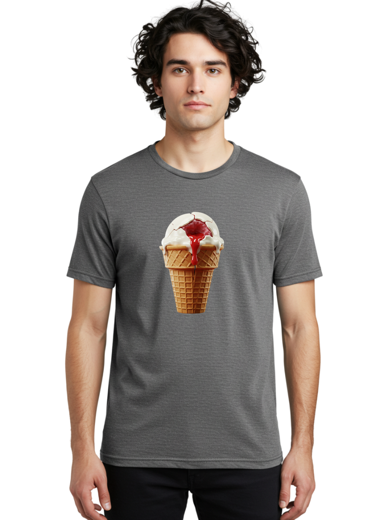 Ice-Cream-Cone-6 Men'S Graphic Tee, 100% Cotton, Comfortable Casual Summer Wear, Machine Washable, Decaying Ice Cream Cone, Cracked Ice Cream, Melting Ice Cream, Red Sauce, White Chocolate, Dessert, Sweet Treats, Yummy, Melting, Dripping, Baa867