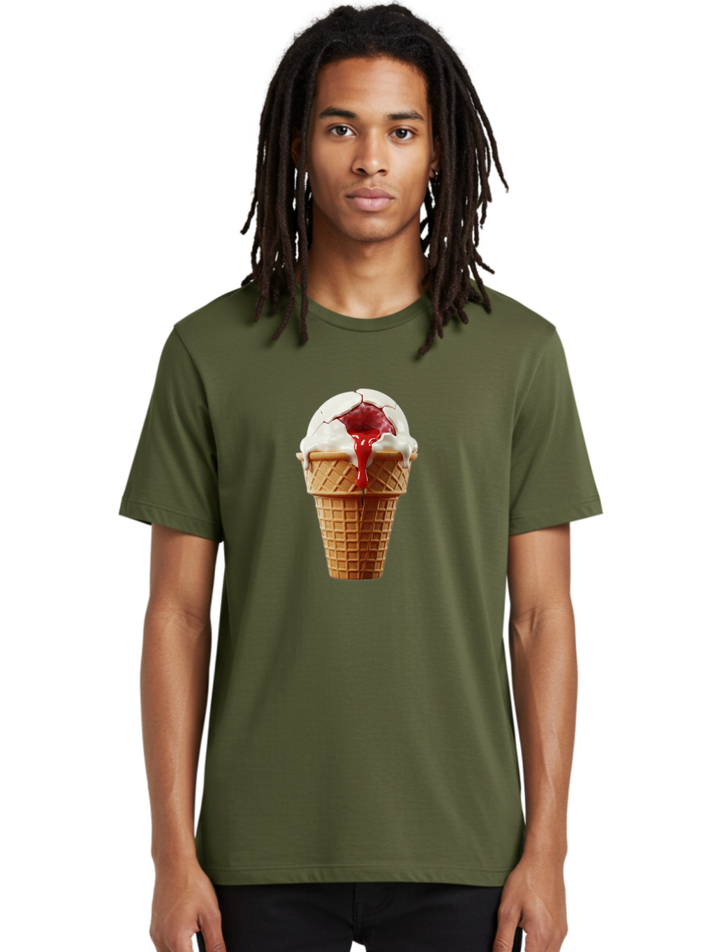 Ice-Cream-Cone-6 Men'S Graphic Tee, 100% Cotton, Comfortable Casual Summer Wear, Machine Washable, Decaying Ice Cream Cone, Cracked Ice Cream, Melting Ice Cream, Red Sauce, White Chocolate, Dessert, Sweet Treats, Yummy, Melting, Dripping, Baa867
