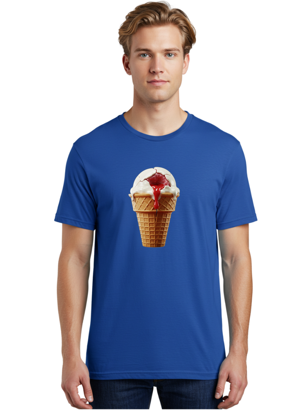 Ice-Cream-Cone-6 Men'S Graphic Tee, 100% Cotton, Comfortable Casual Summer Wear, Machine Washable, Decaying Ice Cream Cone, Cracked Ice Cream, Melting Ice Cream, Red Sauce, White Chocolate, Dessert, Sweet Treats, Yummy, Melting, Dripping, Baa867