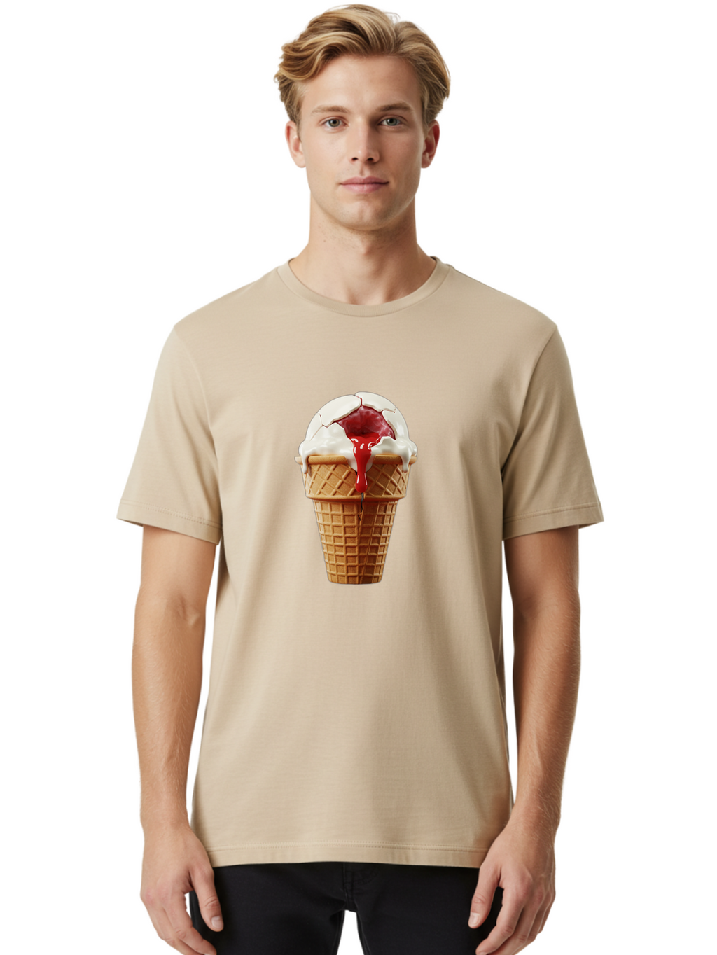 Ice-Cream-Cone-6 Men'S Graphic Tee, 100% Cotton, Comfortable Casual Summer Wear, Machine Washable, Decaying Ice Cream Cone, Cracked Ice Cream, Melting Ice Cream, Red Sauce, White Chocolate, Dessert, Sweet Treats, Yummy, Melting, Dripping, Baa867