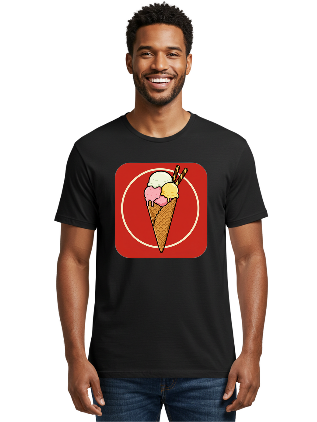 Ice-Cream-Cone-7 Men'S Graphic Tee, 100% Cotton, Comfortable Casual Summer Wear, Machine Washable, Ice Cream Cone, Three Scoops, Waffle Cone, Dessert, Sweet Treats, Colorful Illustration, Ice Cream Lovers, Tasty Delights Baa868