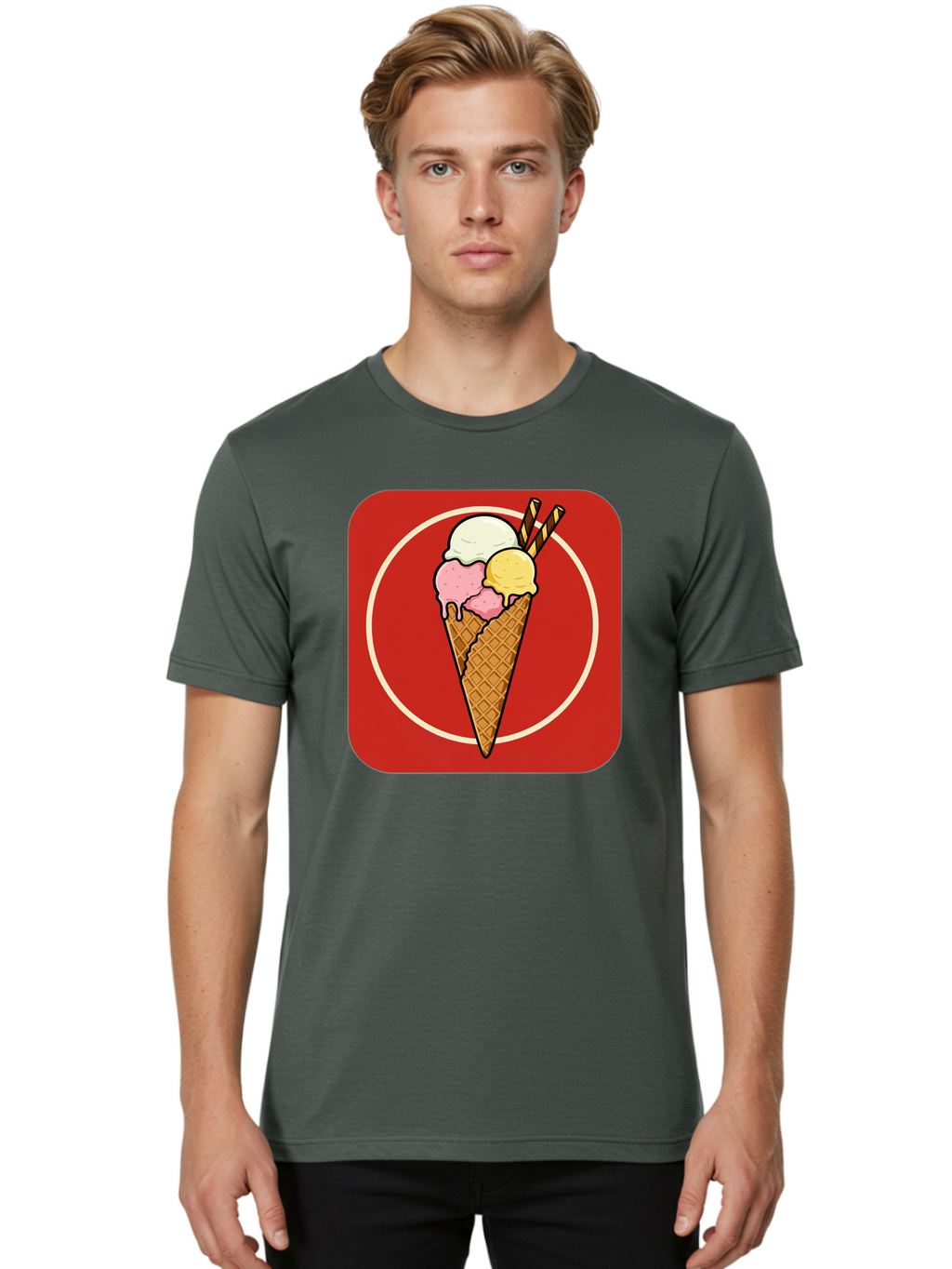 Ice-Cream-Cone-7 Men'S Graphic Tee, 100% Cotton, Comfortable Casual Summer Wear, Machine Washable, Ice Cream Cone, Three Scoops, Waffle Cone, Dessert, Sweet Treats, Colorful Illustration, Ice Cream Lovers, Tasty Delights Baa868