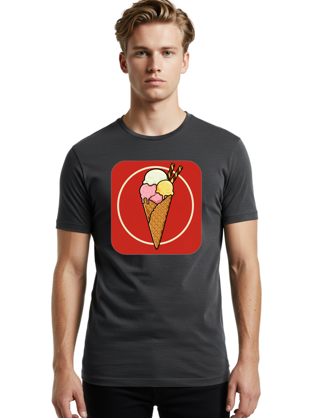 Ice-Cream-Cone-7 Men'S Graphic Tee, 100% Cotton, Comfortable Casual Summer Wear, Machine Washable, Ice Cream Cone, Three Scoops, Waffle Cone, Dessert, Sweet Treats, Colorful Illustration, Ice Cream Lovers, Tasty Delights Baa868