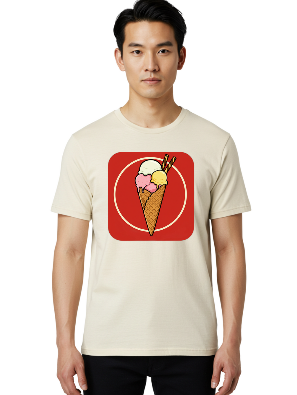 Ice-Cream-Cone-7 Men'S Graphic Tee, 100% Cotton, Comfortable Casual Summer Wear, Machine Washable, Ice Cream Cone, Three Scoops, Waffle Cone, Dessert, Sweet Treats, Colorful Illustration, Ice Cream Lovers, Tasty Delights Baa868