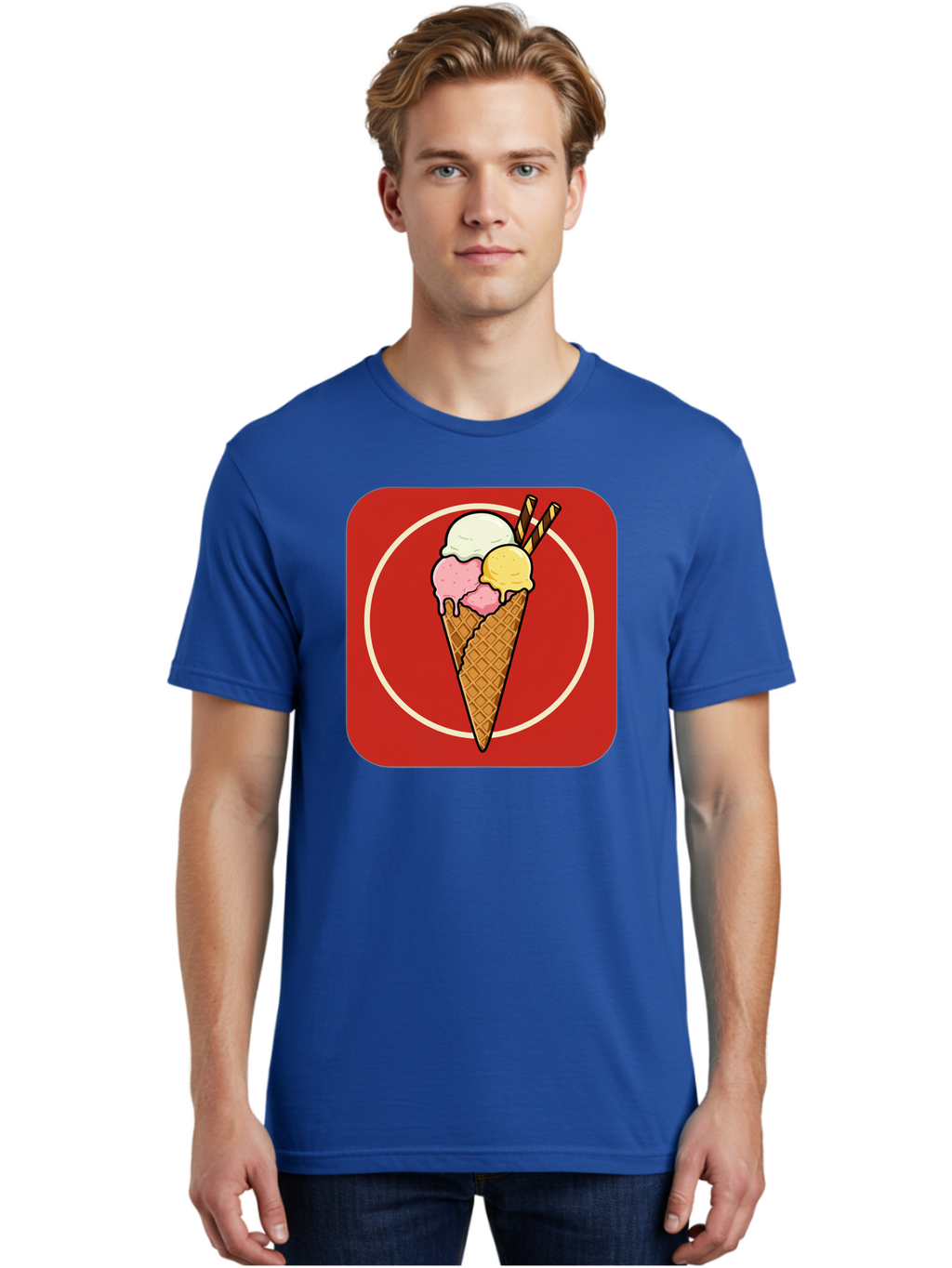 Ice-Cream-Cone-7 Men'S Graphic Tee, 100% Cotton, Comfortable Casual Summer Wear, Machine Washable, Ice Cream Cone, Three Scoops, Waffle Cone, Dessert, Sweet Treats, Colorful Illustration, Ice Cream Lovers, Tasty Delights Baa868
