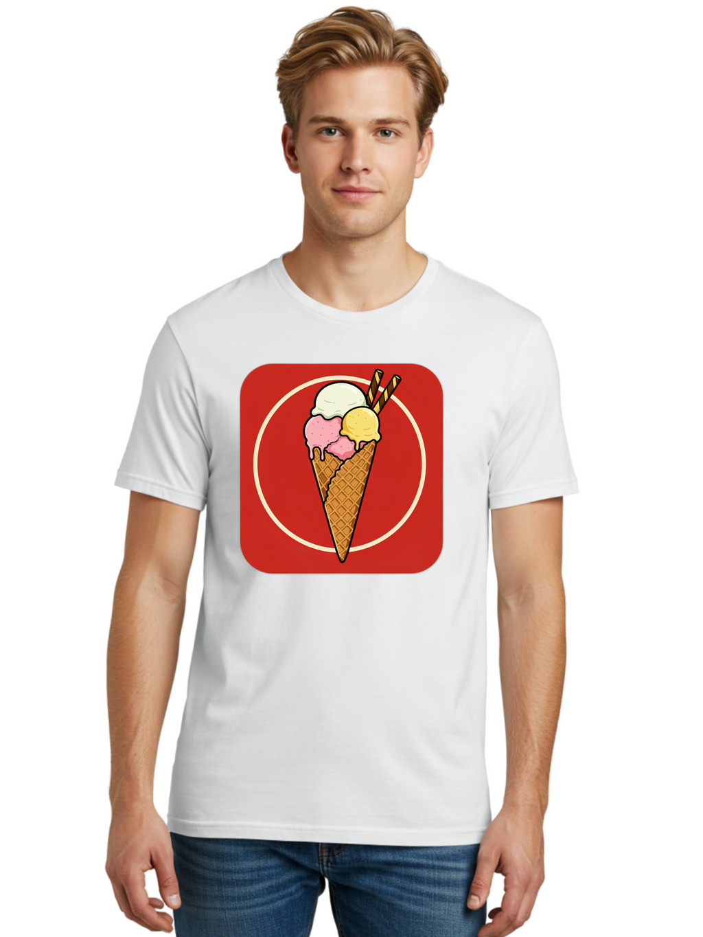 Ice-Cream-Cone-7 Men'S Graphic Tee, 100% Cotton, Comfortable Casual Summer Wear, Machine Washable, Ice Cream Cone, Three Scoops, Waffle Cone, Dessert, Sweet Treats, Colorful Illustration, Ice Cream Lovers, Tasty Delights Baa868